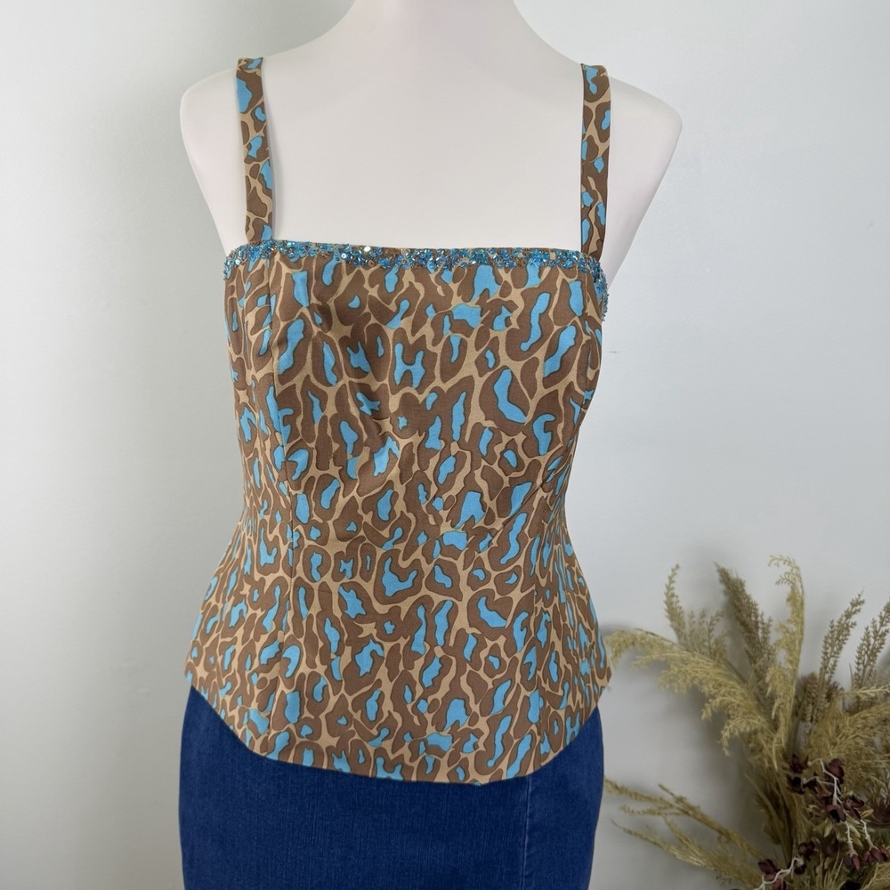 Jade by Melody Tam 100% Silk Sequin Leopard Print Cami Tank Top Size 10 Festival